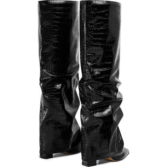 Women's Faux Leather Knee High Boots Wide Calf Chunky Heel Fall Winter - Picture 3 of 8